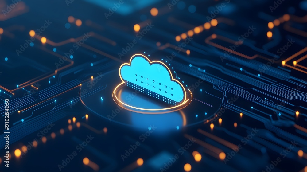 Poster digital representation of cloud computing technology integrated with a futuristic circuit board. con