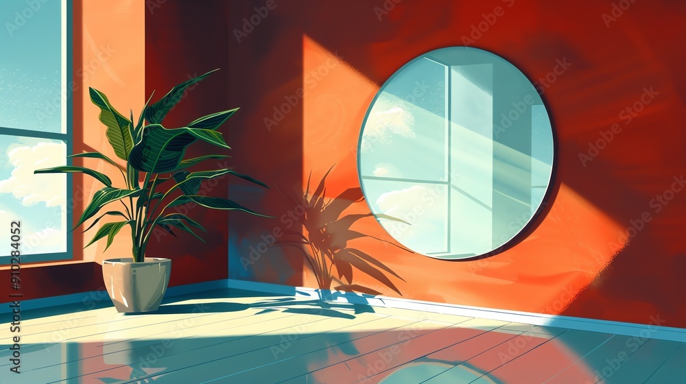 Poster sunlight streams through a window, illuminating a modern interior with a large circular mirror and a