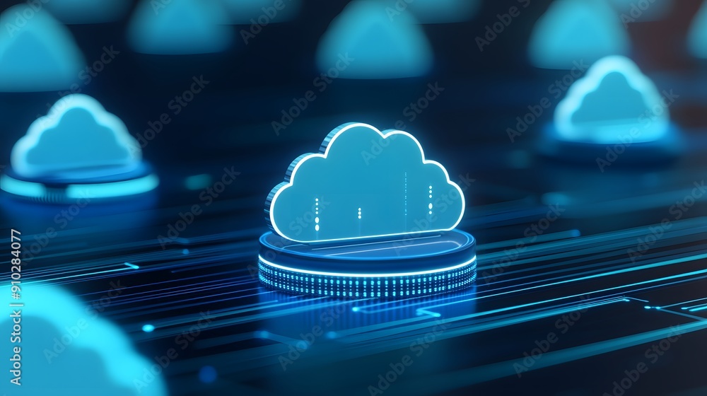Poster digital representation of cloud computing technology showing interconnected cloud icons for data sto