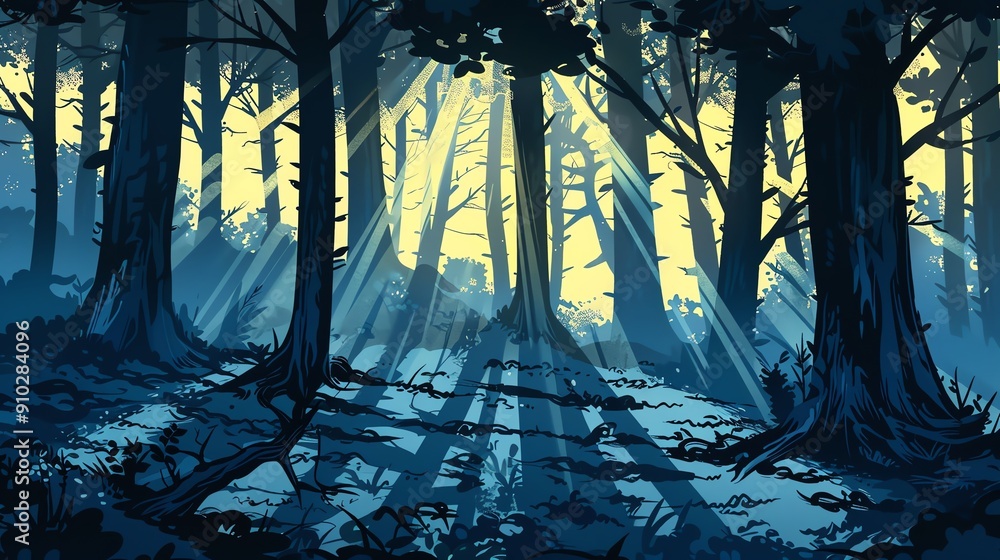 Poster sunlight streams through the dense canopy of a mysterious forest, casting long shadows on the forest
