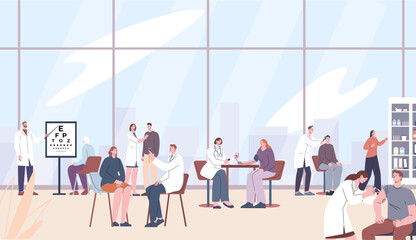 Tiny people on medical check up in modern hospital. Medicine on workplace, doctors examining patients in the office. Healthcare vector scene