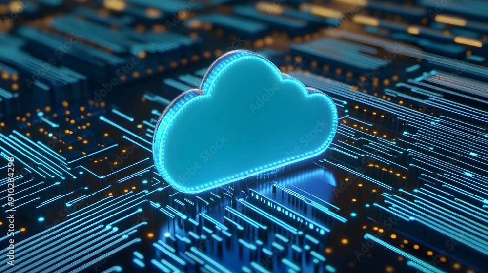 Poster digital representation of cloud computing technology with a glowing cloud symbol and futuristic circ