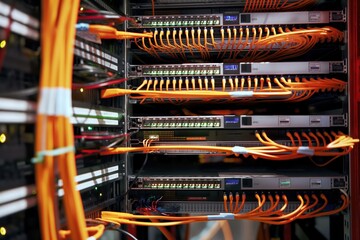 Server room with network rack housing cables, wires in orange, green, white colors. Meticulously arranged web connects various components within the room. Servers and routers text provides context.