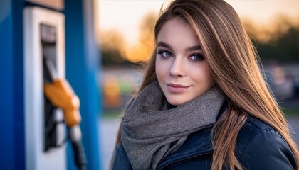 Fototapeta premium Junge Frau an der Tankstelle
