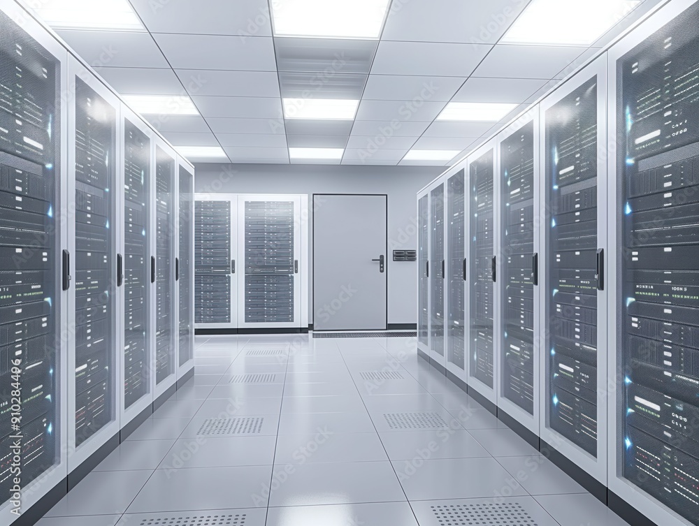 Poster 3d rendering of a modern server room in data center with cabinets, computers, network devices and se