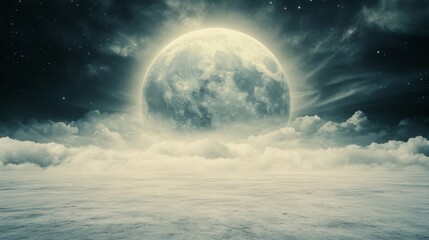 A large, full moon illuminates a cloudy, desolate landscape. Stars twinkle in the dark sky.