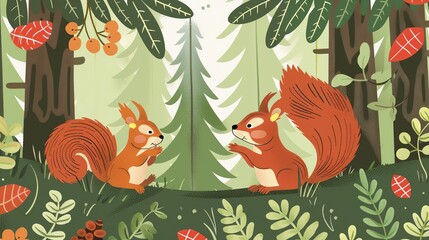 Two cute squirrels in a forest setting, surrounded by lush greenery and trees.