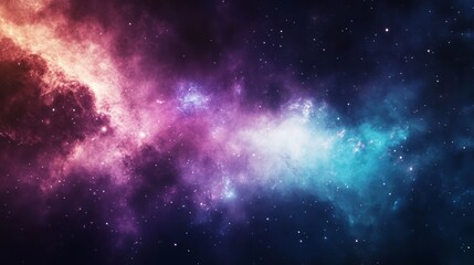 A vibrant cosmic nebula with swirling clouds of pink, blue, and purple, illuminated by distant stars.