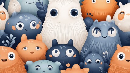 A group of adorable cartoon monsters with big eyes and fuzzy fur. Perfect for kids, fun, and whimsical designs.
