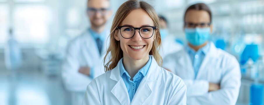 Research lab with cancer cure breakthrough, scientists celebrating, achievement and progress