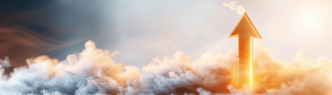 Arrow soaring through the clouds with sunlight in the background symbolizing growth, success, and upward momentum.