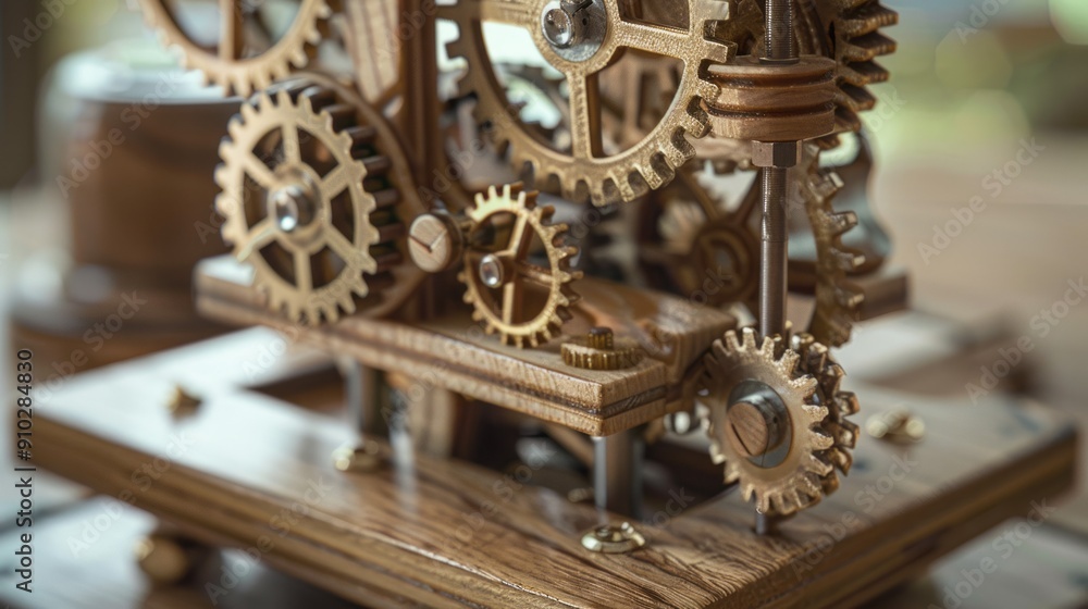 Poster wooden gears clockwork mechanism. close up of a intricate clockwork mechanism crafted from wood, sho