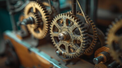 Closeup of interlocking machine gears. A detailed image showcasing a series of interlocking metal gears, highlighting the complex mechanics and intricate design of industrial machinery.