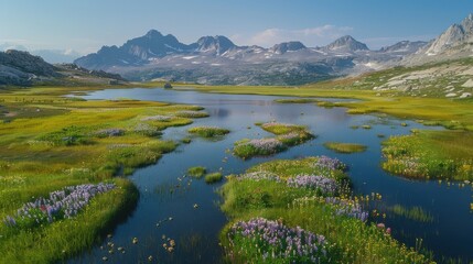 A scenic view of a mountain meadow filled with vibrant wildflowers, surrounded by majestic peaks and a clear blue sky