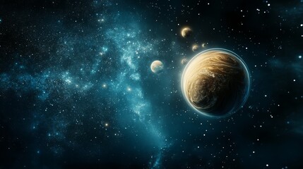 Obraz premium A swirling nebula illuminates a distant planetary system, featuring a large brown planet and several smaller moons.