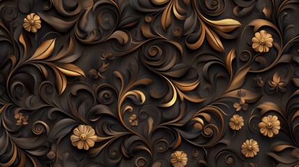 Intricate golden floral pattern on a dark wood background.  This ornate design is perfect for adding a touch of elegance to any project.