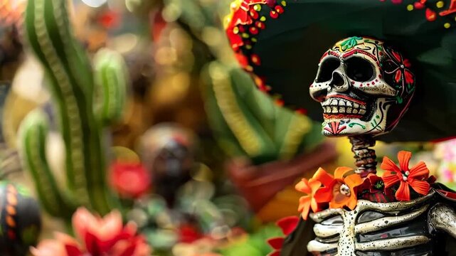 Mexican skeleton man with sugar skull makeup and sombrero hat. Day of the dead, Dia de los muertos, Halloween. Traditional Mexican Santa Muerte concept with copy space