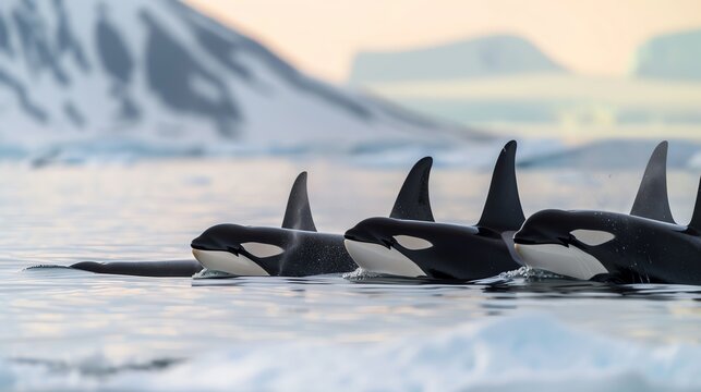 A group of agile orcas hunting together in icy waters under the glow of the Aurora Borealis, illustrating teamwork and strategy in the Arctic wilderness