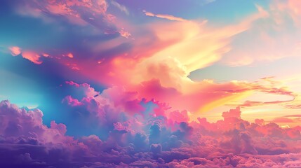 Obraz premium Vibrant, colorful clouds fill the sky in a surreal and dreamlike scene. The hues of pink, purple, blue and orange create a dramatic and breathtaking display.