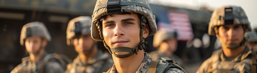 Photo of young USA soldiers in their uniform, they dont have weapons, just uniforms In the background its a military hangar with a USA flag