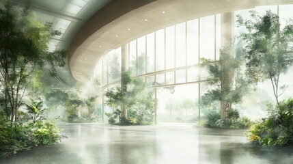 Modern, bright interior with large windows overlooking a lush, green garden.  Sunlight streams through the space, creating a sense of peace and tranquility.
