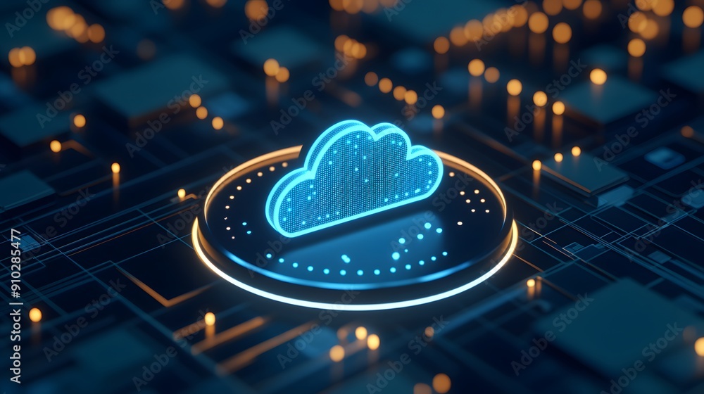 Poster futuristic 3d cloud technology symbol over a digital circuit board, representing cloud computing, da