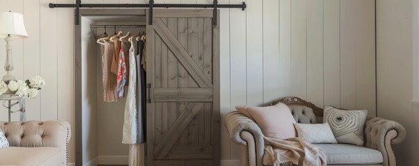 Rustic wooden sliding door in a cozy living room with a comfy armchair.