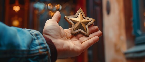 A hand holding a bronze fivestar hotel rating plaque