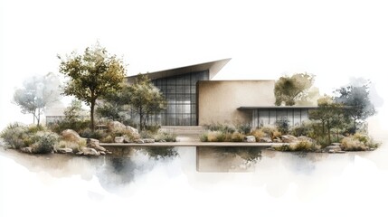 Obraz premium A watercolor illustration of a modern house with a pond in the front yard.