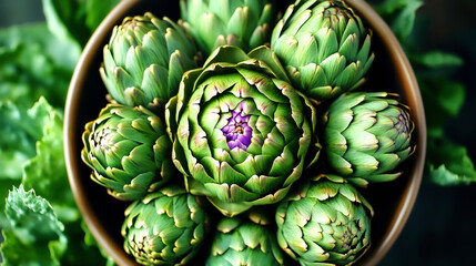 Fototapeta premium Close-up of a bowl with fresh green artichokes with purple tips showcasing natural beauty and vibrant color.