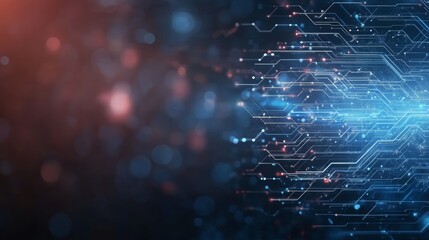 Obraz premium Abstract digital circuit board with glowing blue light and bokeh background.