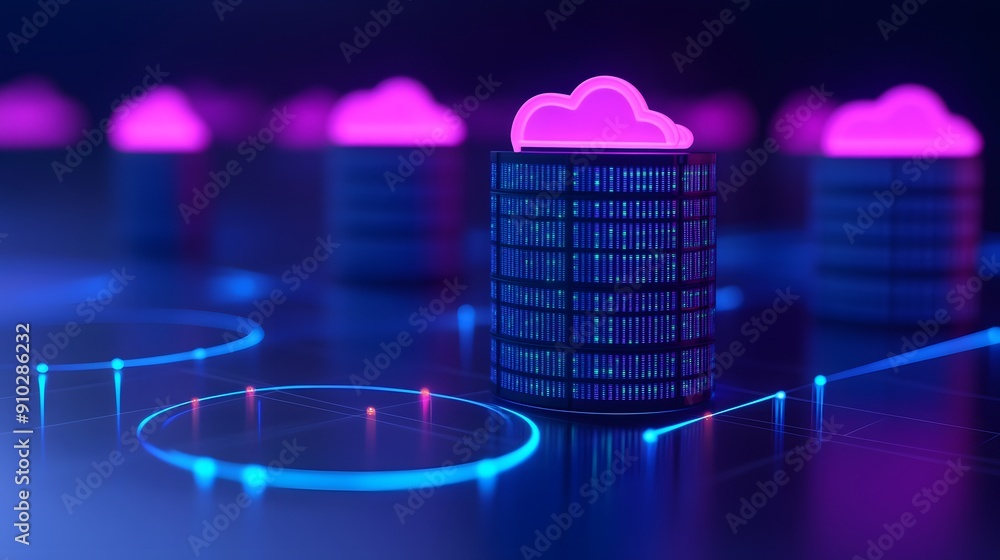 Poster futuristic 3d rendering of cloud computing technology with glowing neon colors, representing data st