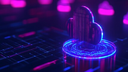 Obraz premium Futuristic 3D rendering of cloud computing technology with digital data visualization and neon lights, symbolizing modern cloud storage solutions.