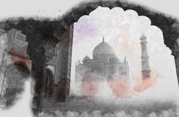 Watercolor art Taj Mahal, India