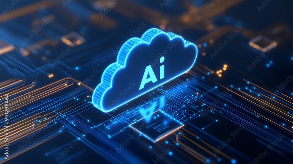 Poster futuristic ai cloud computing concept with glowing neon accents on a digital circuit background, rep