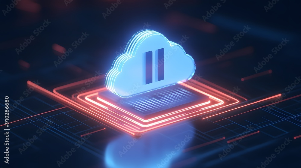 Poster futuristic blue cloud icon with pause symbol over glowing circuit, representing digital technology a