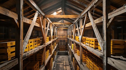 Large Warehouses with Rows of Stacked Boxes in Industrial Settings. AI generated image