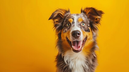Fototapeta premium An energetic Australian Shepherd sitting on a sunny orange background with space above for text