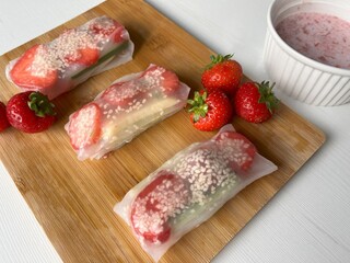 Vietnamese Fruit Spring Rolls are filled with a variety of fruit. These rolls could be served for lunch, dinner, or as finger food at the afternoon tea and pre-party.