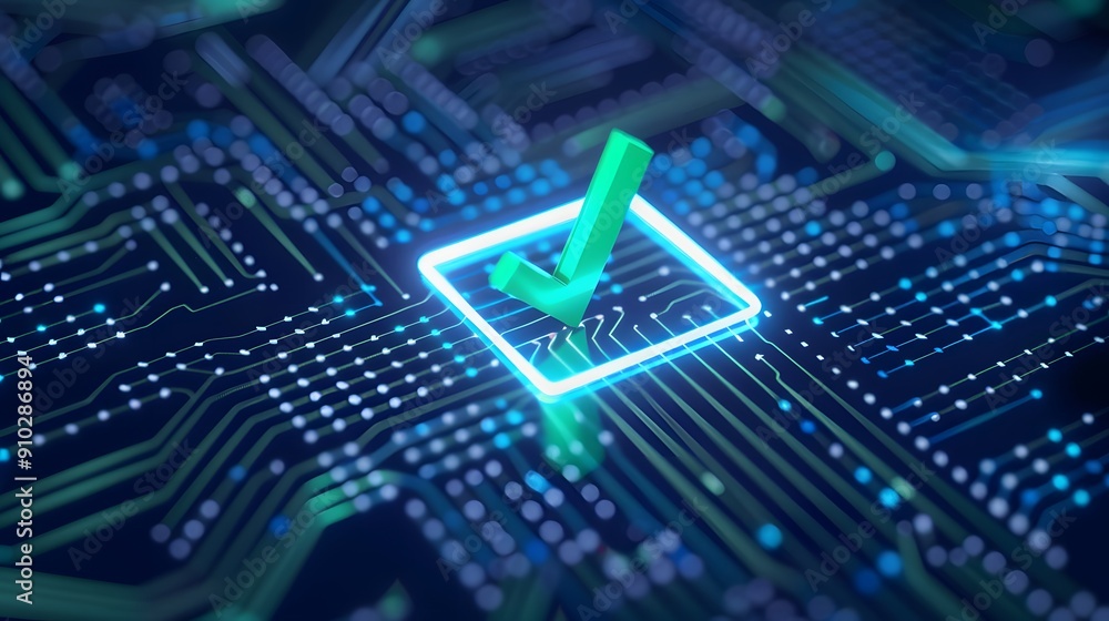 Poster futuristic circuit board with a glowing checkmark, symbolizing successful digital verification and c