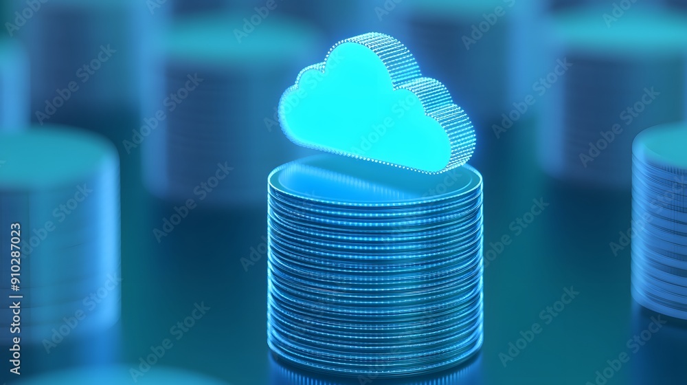 Poster futuristic cloud computing and data storage concept with glowing cloud icon on a stack of coins, rep