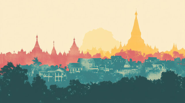 Risograph stencilled riso print travel poster, card, wallpaper or banner illustration, modern, isolated, clear, simple of Pathein, Myanmar. Artistic, screen printing, stencil