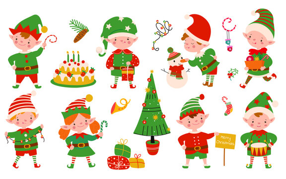 Christmas elves characters. Santa elf, xmas helpers with gifts sweets decorations. Winter holiday creatures in costumes and hats, nowaday vector set
