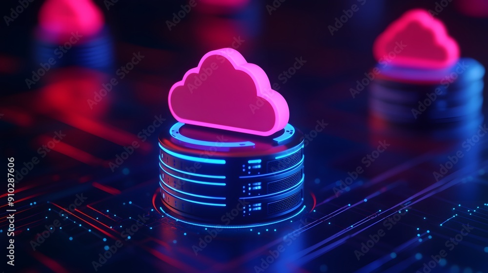 Poster futuristic cloud computing concept showing data storage with neon cloud icon on a stack of servers i
