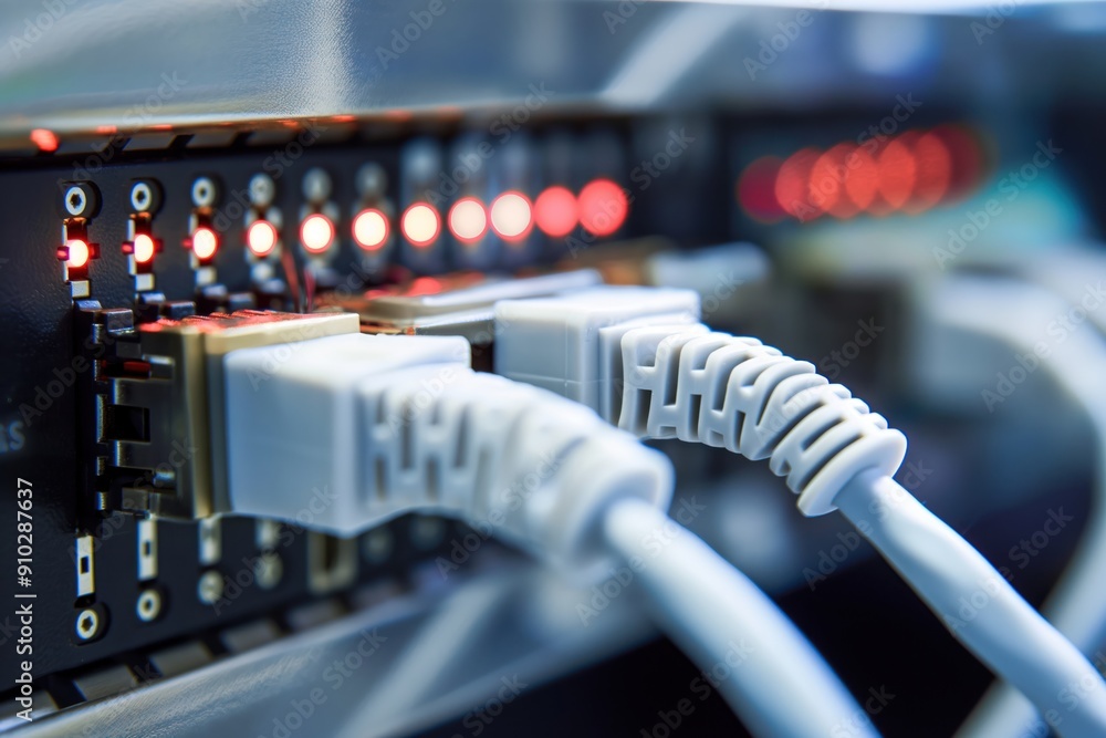 Poster close-up of network cables connected to a switch in an office setting. cables are arranged in a neat