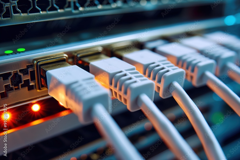 Aufkleber network cables connected to switch in high-tech office setting. close-up view of various types of ca