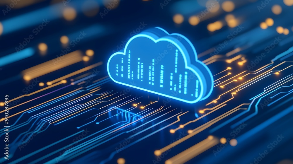 Poster futuristic cloud computing concept with a glowing cloud icon and circuit lines, showcasing modern da