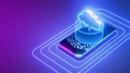A neon-themed digital illustration featuring cloud computing on a smartphone. The image highlights the integration of cloud technology in mobile devices with a futuristic design.