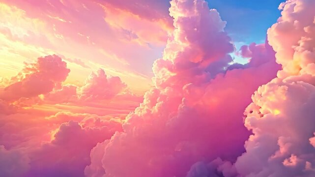 Flying through fluffy pink clouds in sunset sky. Scenic aerial view. Tranquil sky and sugar cotton cloudscape concept. Dreamy and ethereal