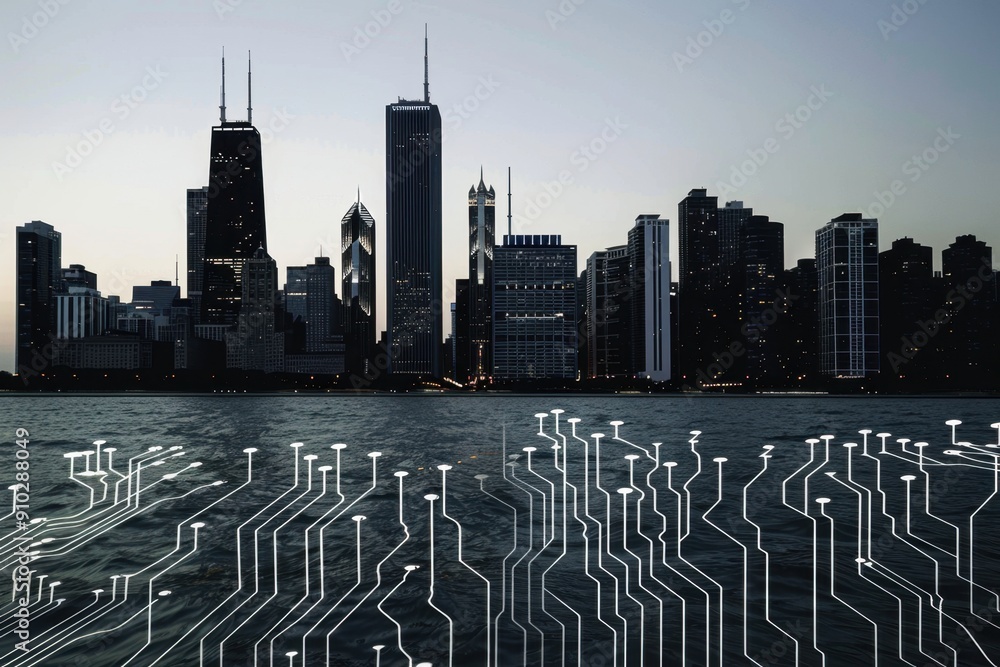 Poster a silhouette of the chicago skyline with digital circuit patterns overlaying it, symbolizing technol
